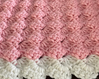 Easy Modern textured Blanket Crochet Pattern, Sober Granny Baby Blanket Pattern, soft and warm reversible throw blanket, pink and white