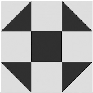 May include: A black and white quilt block with a geometric design. The block is made up of four squares, with the center square being black and the other three squares being white. The white squares have black triangles in the corners.