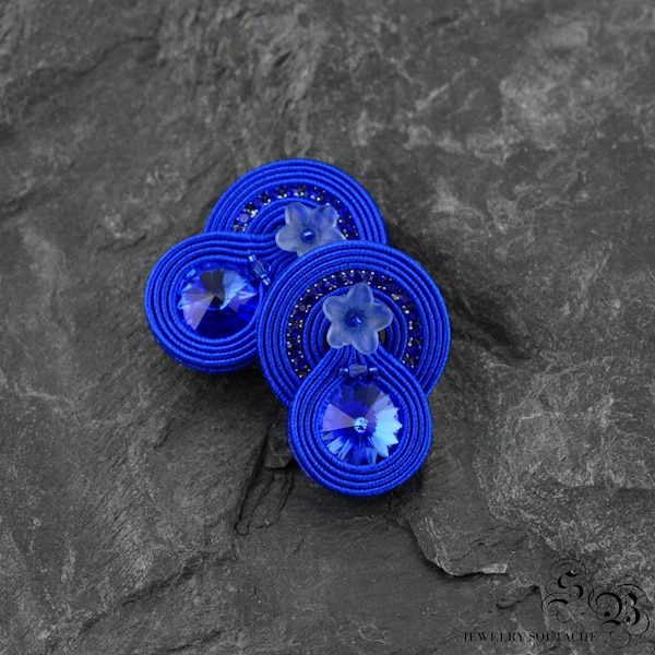 blue clip on soutache earrings, cobalt soutache earrings, cobalt clip on soutache earrings, cobalt studs earrings soutache