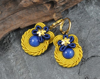 mustard dangle earrings, jade earrings, flower earrings, round earrings, small soutache earrings, clip-on earrings, clip-on soutache