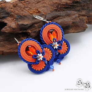Orange Crystal Soutache Earrings: Blue Clip-on Flower Earrings