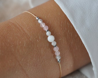 Pulsera de piedra lunar con cuarzo rosa, circón, hematita, pulsera ajustable delicada, pulsera minimalista de piedras preciosas, pulsera diaria