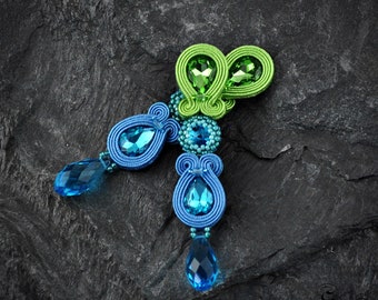 Blue and Green Soutache Earrings, Two-color Soutache Earrings, Blue clip-on, Blue Earrings, Soutache Studs Earrings, orecchini soutache