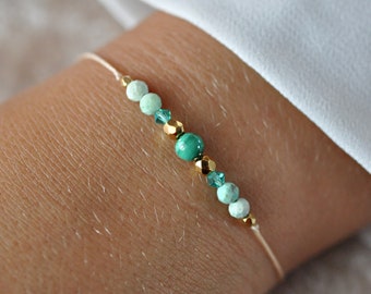 Pulsera de piedras preciosas con malaquita, Swarovski, relleno de oro de 24k, pulsera ajustable delicada, pulsera minimalista para mujer, pulsera diaria