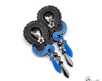 Pendientes Soutache Gris Azul, Pendientes Colgantes, Pendientes Statement, Pendientes Largos, Pendientes Bordados, Orecchini Soutache, Ohrringe soutache