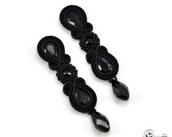 Clip on earrings, Black Long Narrow Dangle Soutache Earrings, Long Black Soutache Earrings, Beading Earrings,Soutache jewelry ,Stud Earrings