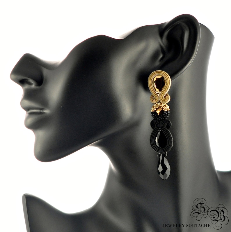 Long Dangle Drop Earrings Black Gold Earrings Clip on Etsy