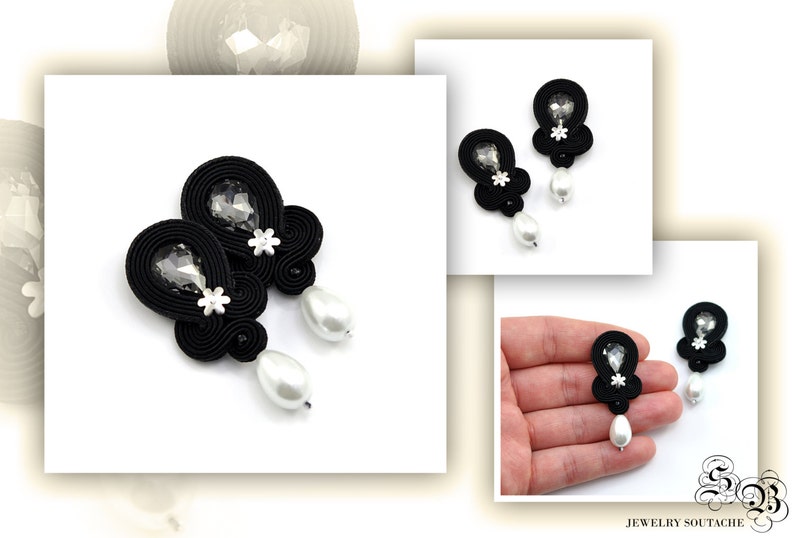 Elegant Black Pearl Clip On Earrings Soutache Earrings Etsy