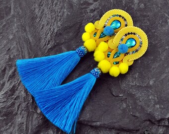 Pendientes de soutache amarillo con borla, clip-on de soutache amarillo, pendientes de pom pom amarillos, soutache boho amarillo, pendientes de soutache hippie