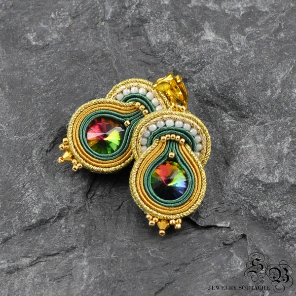 Gold Emerald Earrings, Soutache Earrings, green - gold - beige, Clip-on earrings, Emerald Dangle Earrings, Gold Studs Earrings