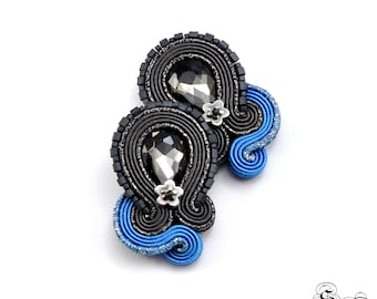 Pendientes grises azules con clip, pendientes Soutache, pendientes elegantes clip en los pendientes, pendientes colgantes grises, Orecchini Soutache, Ohrringe soutache