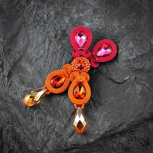 Orange Fuchsia Soutache Earrings: Oriental Studs or Clip-on