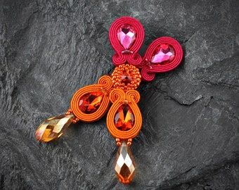 Orange and Fuchsia Soutache Earrings, Oriental Soutache Earrings, Orange clip-on, Fuchsia Earrings, Soutache Studs Earrings, Orange studs