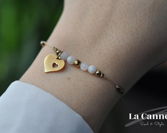 Pulsera de piedra lunar, pulsera de corazón, pulsera de cordón ajustable, pulsera de la amistad, pulsera de hematita de oro, pulsera minimalista, regalo de mujer