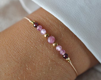 Bracciale rosa tormalina e granato con zircone, bracciale minimalista regolabile, bracciale rosa quotidiano, regalo per donna