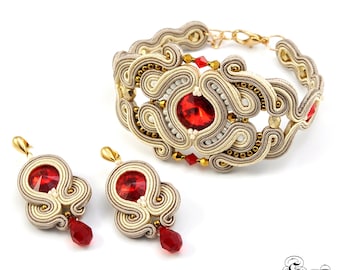 Soutache oriental, Set de joyas orientales, Soutache rojo Beige, joyería única Soutache, cuelgan pequeñas Earrngs, pendientes rojo