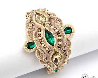 Gold Beige Soutache Bracelet, Gold Green bracelet,  Soutache Jewelry, Unique Soutache Bracelet, Elegant soutache bracelet, Glamour bracelet