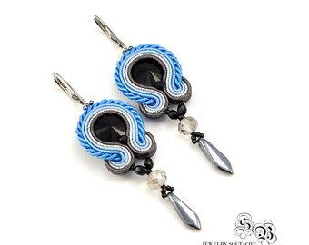 Pendientes largos de colgado azul, pendientes largos de Soutache azul, pendientes colgantes redondos, azul / plateado / gris / negro, OOAK, pendientes de soutache