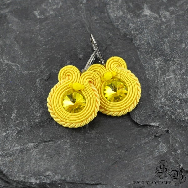 small yellow soutache earrings, yellow clip-on soutache earrings, yellow dangle soutache earrings, yellow studs soutache earrings