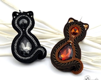 Zwarte kat broche, bruine kat broche, kat hanger, kat oorbellen, kat accessoire, kat sieraden, kat lover gift, kitty hanger, soutache hanger