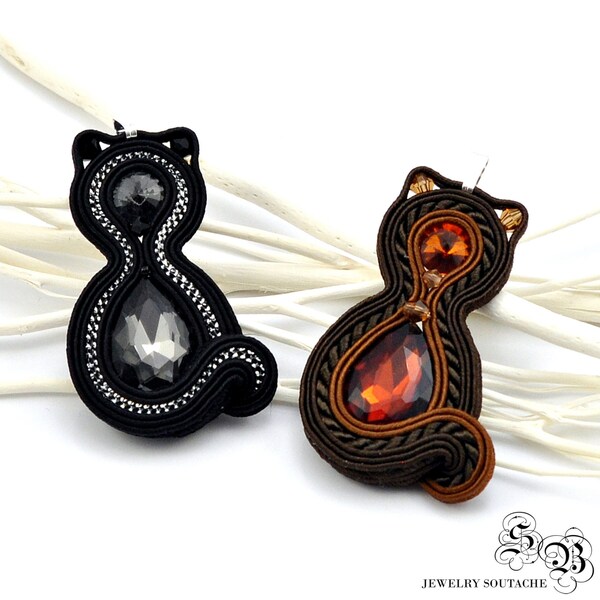 Broche de gato negro, Broche de gato marrón, Colgante de gato, Pendientes de gato, Accesorio de gato, Joyas de gato, Regalo para amantes del gato, Colgante para gatitos, Colgante Soutache