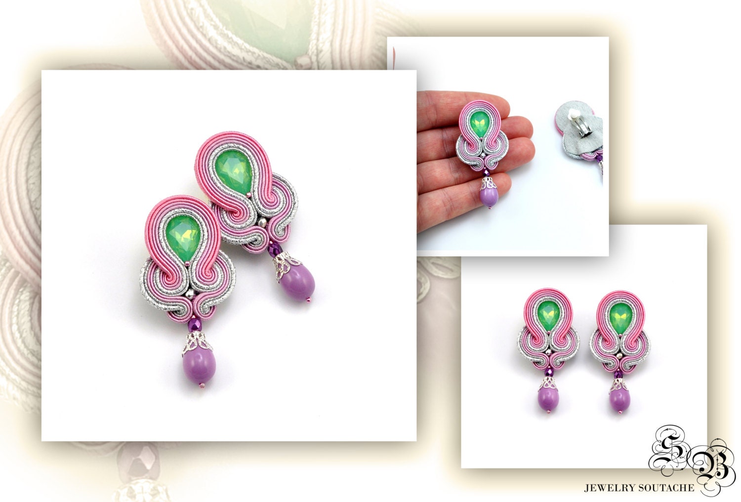 Colorful Clipon Earrings Pink Green Purple Soutache Etsy