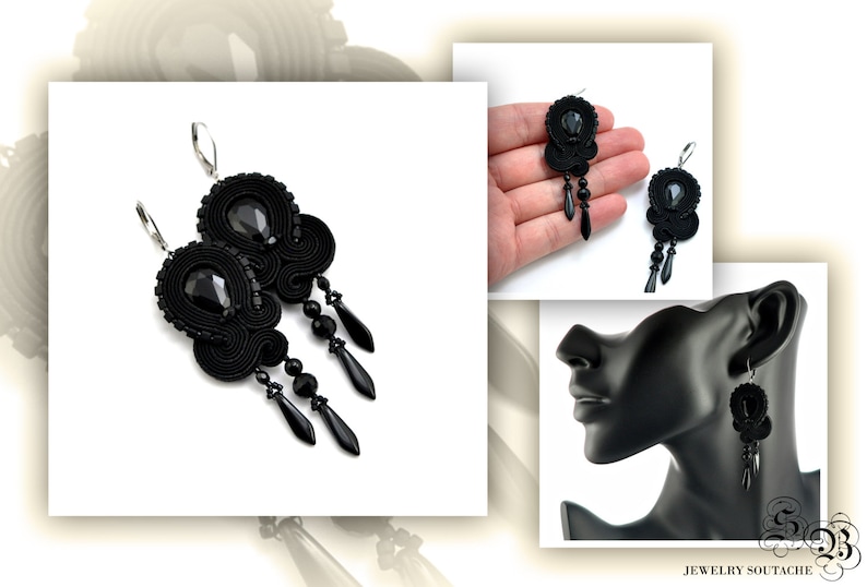 Black Dangle Earrings Stud Clip on Earrings Black Soutache Etsy