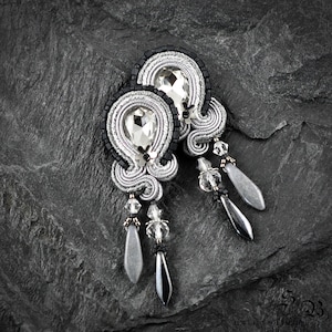 Silver Grey Soutache Earrings: Crystal Teardrop Dangle Earrings