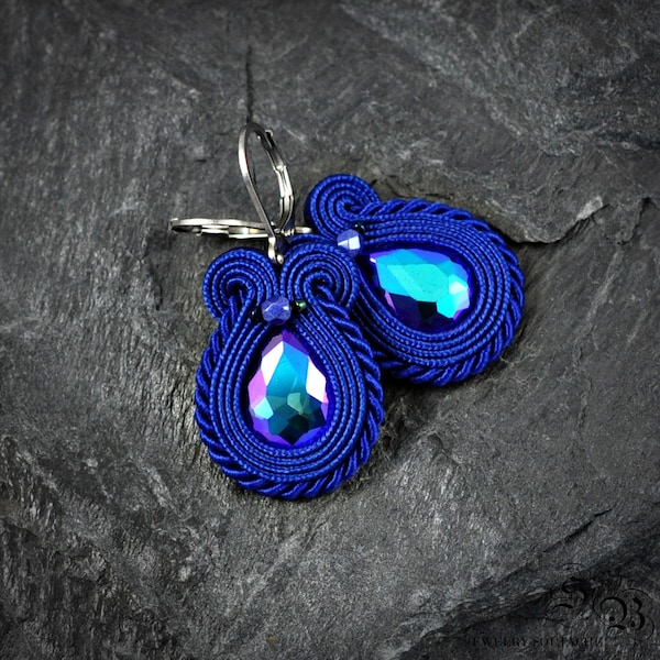 Navy Blue Soutache Earrings, Dark Blue Small Soutache Earrings, Blue clip-on soutache earrings, Dark Blue dangle Earrings, Ohrringe soutache