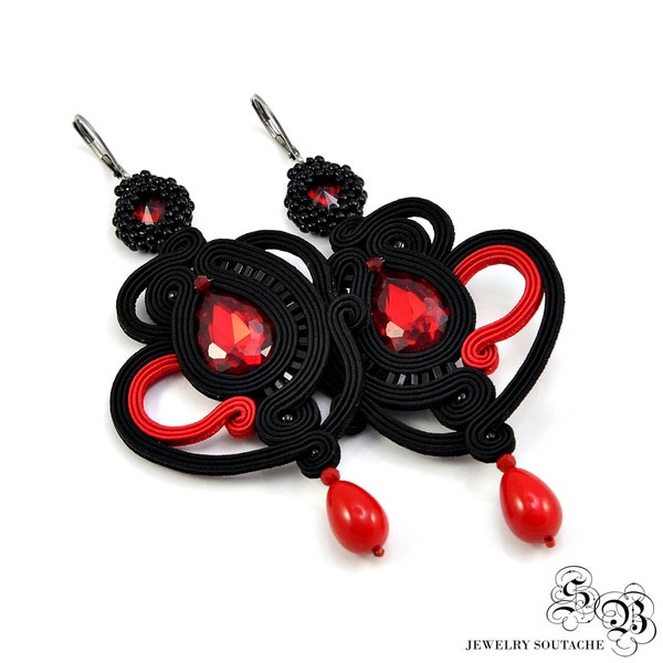 Long Black Soutache Earrings, Black Red Dangle Earrings, Openwork Soutache Earrings, orecchini soutache,Ohrringe soutache,boucles d'oreilles