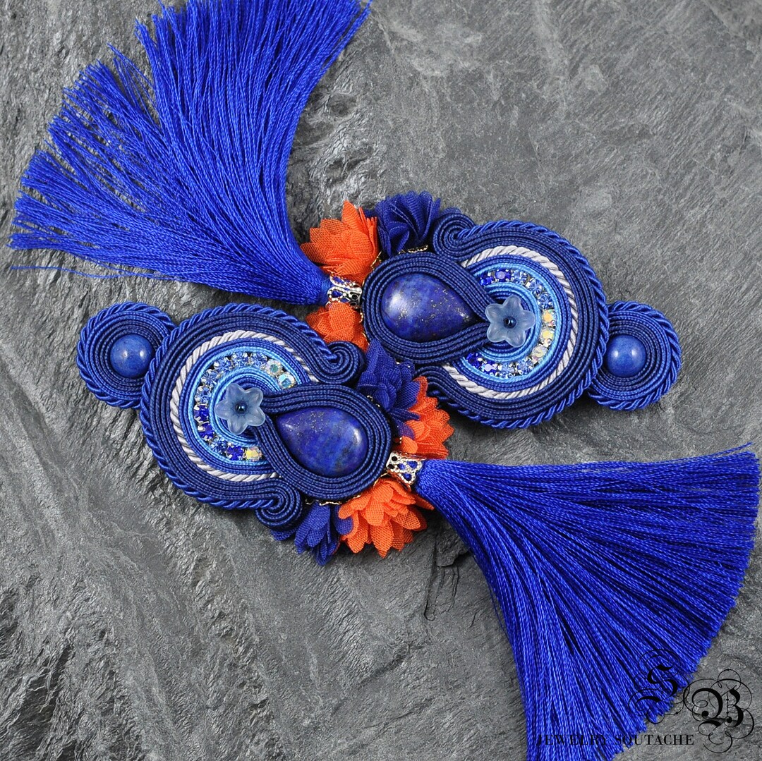 Cobalt Tassel Earrings, Long Cobalt Soutache Earrings, Tassel Earrings ...