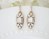 Art Deco earrings Gold bridal earrings Emerald cut Crystal dangle earrings Rhinestone teardrop earrings Swarovski jewelry Earrings for bride