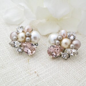 Blush bridal earrings Pink pearl wedding earrings Pearl cluster earrings Crystal bridal jewelry Unique pink stud earrings for brides image 5