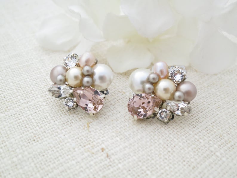 Blush bridal earrings Pink pearl wedding earrings Pearl cluster earrings Crystal bridal jewelry Unique pink stud earrings for brides image 5