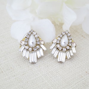 Art Deco earrings Baguette wedding earrings Crystal bridal earrings Pearl teardrop earrings Unique stud earrings Gold jewelry for brides image 1