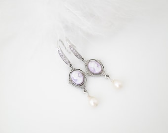 Cameo earrings Lavender bridal earrings Freshwater pearl earrings Antique silver Wedding earrings Vintage style jewelry Pearl dangle earring