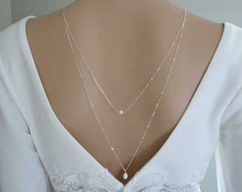 Freshwater pearl back necklace Pearl wedding necklace Double strand backdrop necklace Low back necklace Minimalist back jewelry for bride