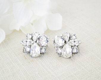 Crystal cluster bridal earrings Wedding earrings Rhinestone stud earrings Bridesmaid gift Wedding jewelry for brides Asymmetrical earrings