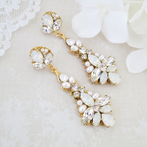 Opal Statement earrings Gold bridal earrings Pearl drop wedding earrings Crystal chandelier Rhinestone teardrop earrings Jewelry for shops brides