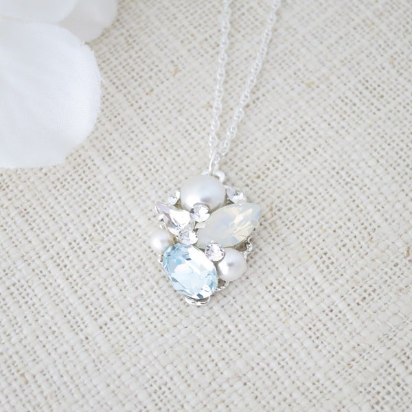 Something blue for bride Cluster bridal necklace Blue crystal wedding necklace Bridesmaid gift Asymmetrical opal necklace Rhinestone jewelry