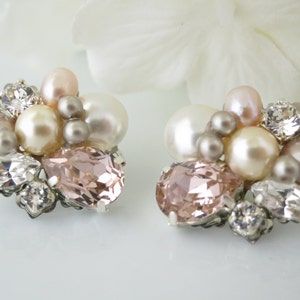 Blush bridal earrings Pink pearl wedding earrings Pearl cluster earrings Crystal bridal jewelry Unique pink stud earrings for brides image 3