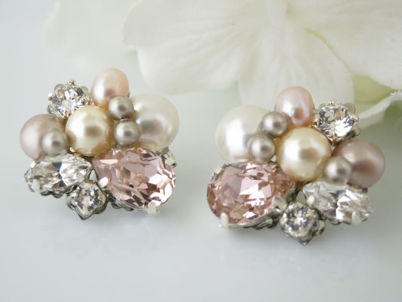 Blush bridal earrings Pink pearl wedding earrings Pearl cluster earrings Crystal bridal jewelry Unique pink stud earrings for brides image 3