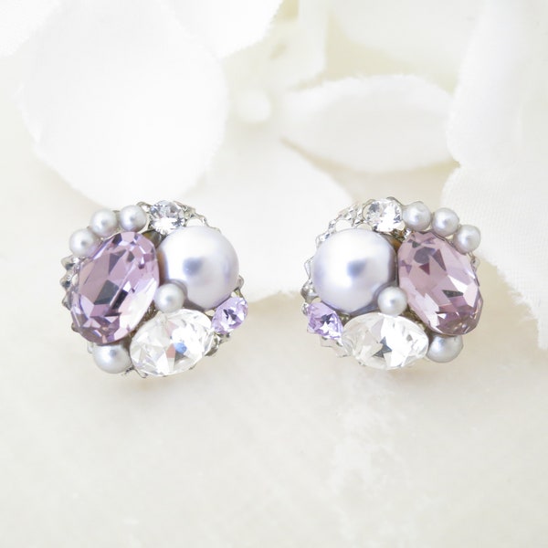 Amethyst earrings Pearl cluster earrings Bridesmaid gift Purple stud earring Dainty crystal earrings Asymmetrical earrings Wedding jewelry