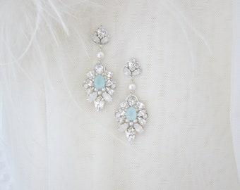 Something blue for bride Aqua chalcedony earrings Statement bridal earrings Teardrop earrings Wedding jewelry for brides Pearl drop earrings