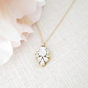 Art Deco Bridal Necklace: Crystal Emerald Cut Rhinestone Pendant