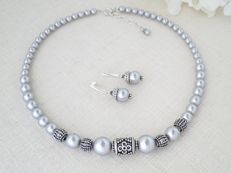 Grey pearl necklace set Pewter jewelry set Graduated pearl necklace and earrings Business casual jewelry for women Unique gift for her image 4