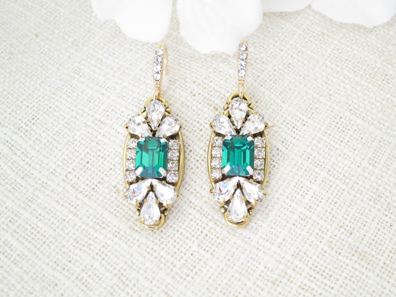 Green Art Deco Earrings Gold Bridal Earrings Emerald Cut - Etsy