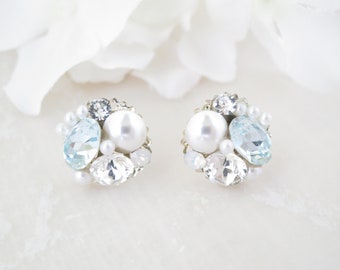 Something blue for Bride Pearl cluster stud Dainty bridesmaid gift Asymmetrical earrings Pale blue bridal earrings Crystal wedding jewelry