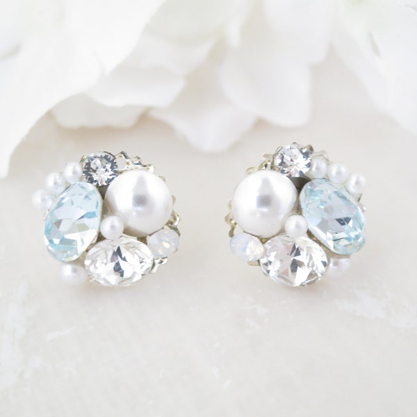 Pearl Cluster Stud Earrings: Something Blue Bridal Jewelry