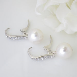 Pearl drop wedding earrings Simple pearl bridal earrings Lever back earrings Mother of Bride Rhinestone and pearl Wedding jewelry for brides image 4